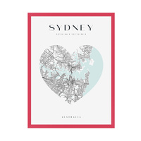 Plakat Mapa miasta Sydney serce 24X30 cm + ramka amarant