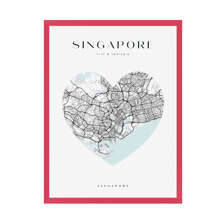 Plakat Mapa miasta Singapur serce 24X30 cm + ramka amarant
