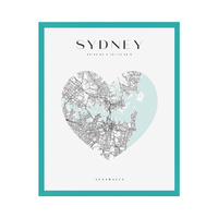 Plakat Mapa miasta Sydney serce 40X50 cm + ramka turkusowe morze