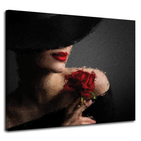 Obraz na płótnie Kobieta z Czerwoną Różą Czerwone Usta Elegancja 100x80 cm