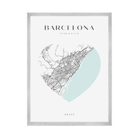Plakat Mapa miasta Barcelona serce 30X40 cm + ramka srebrna