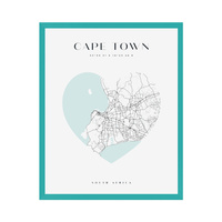 Plakat Mapa miasta Cape Town serce 24X30 cm + ramka turkusowe morze