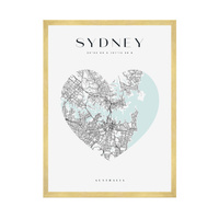 Plakat Mapa miasta Sydney serce 50X70 cm + ramka złota