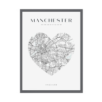 Plakat Mapa miasta Manchester serce 30X40 cm + ramka kamienna szarość