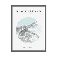 Plakat Mapa miasta New Orleans koło 30X40 cm + ramka kamienna szarość
