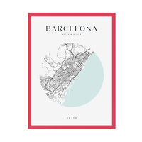 Plakat Mapa miasta Barcelona koło 21X29,7 cm + ramka amarant