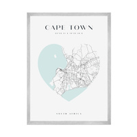 Plakat Mapa miasta Cape Town serce 21X29,7 cm + ramka srebrna