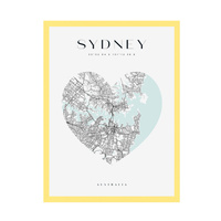 Plakat Mapa miasta Sydney serce 24X30 cm + ramka żółta