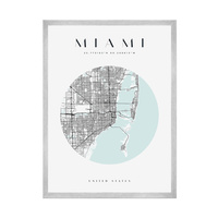 Plakat Mapa miasta Miami koło 21X29,7 cm + ramka srebrna