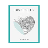 Plakat Mapa miasta Los Angeles serce 24X30 cm + ramka turkusowe morze