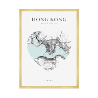 Plakat Mapa miasta Hong Kong serce 21X29,7 cm + ramka złota