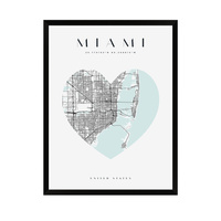 Plakat Mapa miasta Miami serce 40X50 cm + ramka czarna