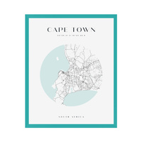 Plakat Mapa miasta Cape Town koło 24X30 cm + ramka turkusowe morze