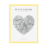 Plakat Mapa miasta Bangkok serce 30X40 cm + ramka żółta