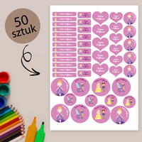 Personalizowane Naklejki Imienne Wodoodporne do przedszkola i szkoły 50 sztuk Mix32 Księżniczka