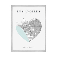 Plakat Mapa miasta Los Angeles serce 30X40 cm + ramka srebrna