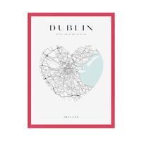 Plakat Mapa miasta Dublin serce 21X29,7 cm + ramka amarant