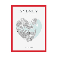 Plakat Mapa miasta Sydney serce 21X29,7 cm + ramka czerwona