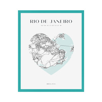 Plakat Mapa miasta Rio De Janeiro serce 40X50 cm + ramka turkusowe morze