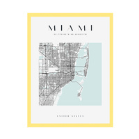 Plakat Mapa miasta Miami kwadrat 30X40 cm + ramka żółta