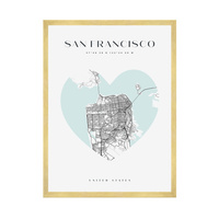 Plakat Mapa miasta San Francisco serce 40X50 cm + ramka złota