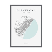 Plakat Mapa miasta Barcelona koło 24X30 cm + ramka kamienna szarość
