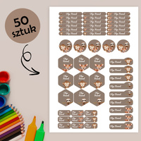 Personalizowane Naklejki Imienne Wodoodporne do przedszkola i szkoły 50 sztuk Mix14 Brązowe zwierzaki