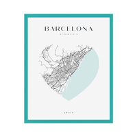 Plakat Mapa miasta Barcelona serce 24X30 cm + ramka turkusowe morze