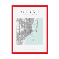 Plakat Mapa miasta Miami kwadrat 40X50 cm + ramka czerwona