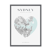 Plakat Mapa miasta Sydney serce 21X29,7 cm + ramka kamienna szarość