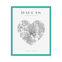 Plakat Mapa miasta Dallas serce 40X50 cm + ramka turkusowe morze