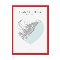 Plakat Mapa miasta Barcelona serce 21X29,7 cm + ramka czerwona