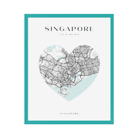 Plakat Mapa miasta Singapur serce 24X30 cm + ramka turkusowe morze