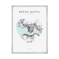 Plakat Mapa miasta Hong Kong serce 24X30 cm + ramka srebrna