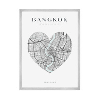 Plakat Mapa miasta Bangkok serce 30X40 cm + ramka srebrna