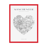 Plakat Mapa miasta Manchester serce 21X29,7 cm + ramka czerwona