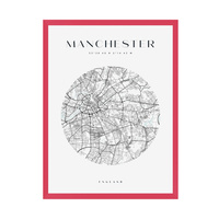Plakat Mapa miasta Manchester koło 24X30 cm + ramka amarant